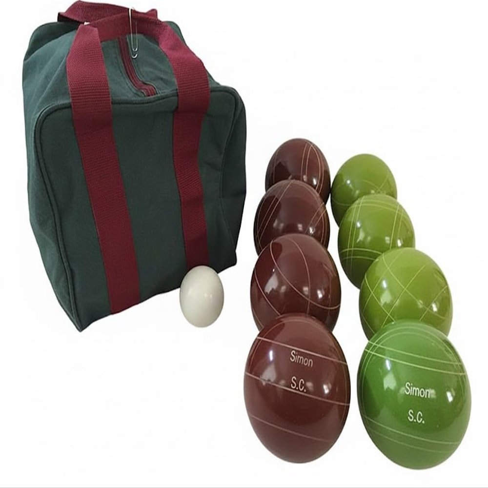 BuyBocceBalls Listing - Made in USA, Premium Quality Engraved Tournament Bocce Set, 998 Grams (2 lbs. 3.2 oz.). Various Bag Colors - 110mm Dark Red and Lime Green Balls, Nylon Bag