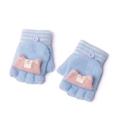 Children's Half-Finger Gloves Autumn, Winter and Winter Cartoon Cute Woolen Yarn 3-6 Years Old Men and Women Baby Kindergarten Children Flip Half Finger (Color : Blue)