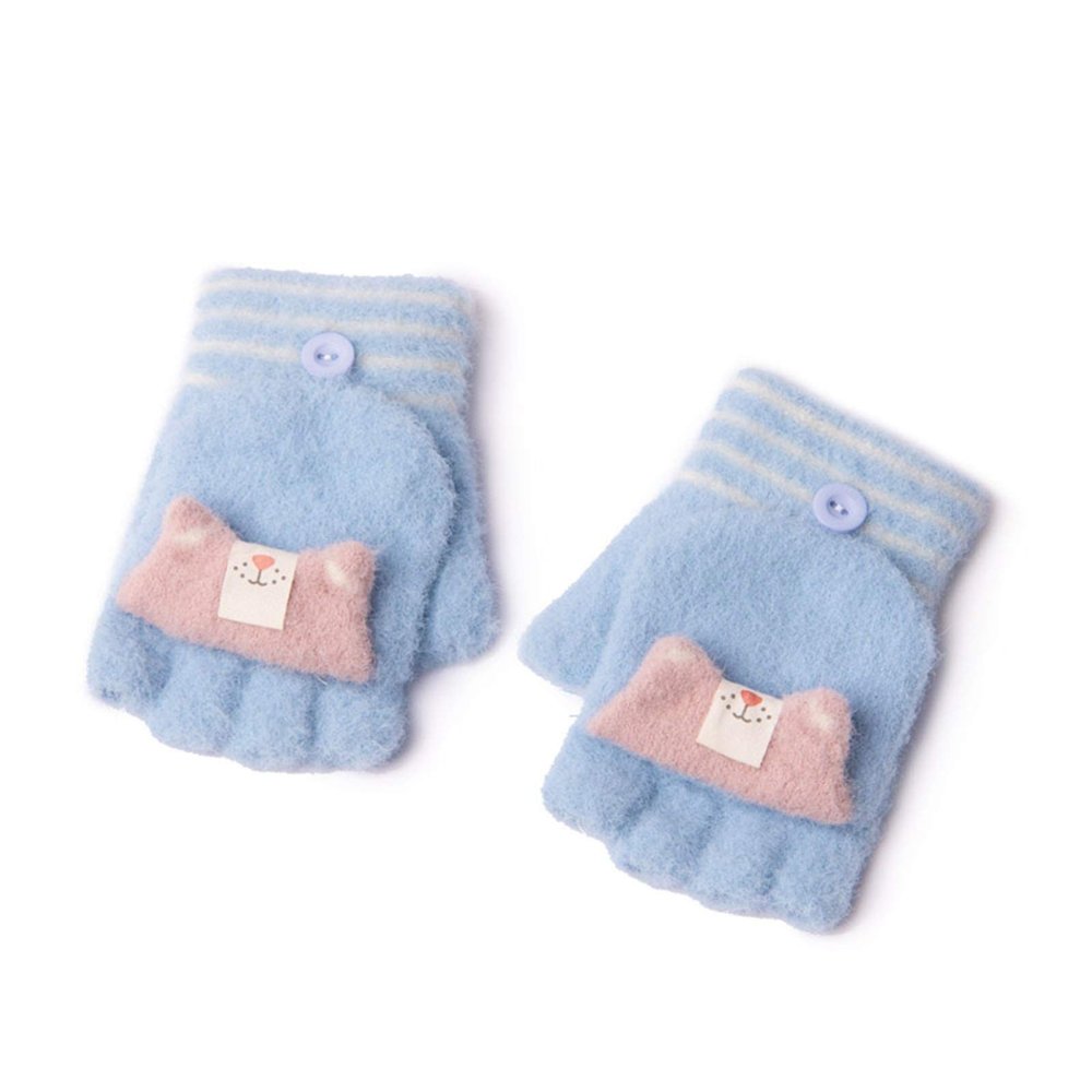 Children's Half-Finger Gloves Autumn, Winter and Winter Cartoon Cute Woolen Yarn 3-6 Years Old Men and Women Baby Kindergarten Children Flip Half Finger (Color : Blue)