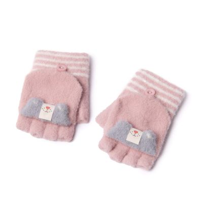 Children's Half-Finger Gloves Autumn, Winter and Winter Cartoon Cute Woolen Yarn 3-6 Years Old Men and Women Baby Kindergarten Children Flip Half Finger (Color : Pink)