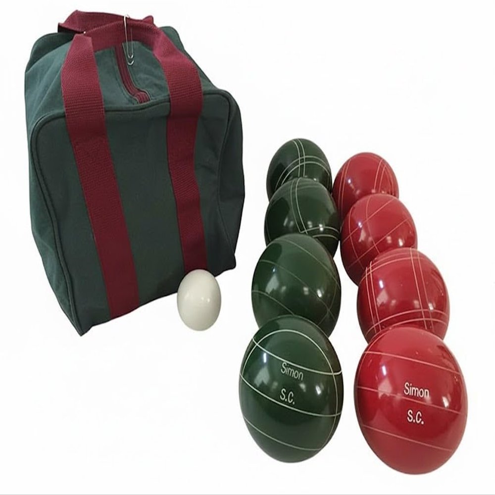 BuyBocceBalls Listing - Made in USA, Premium Quality Engraved Tournament Bocce Set, 998 Grams (2 lbs. 3.2 oz.). Various Bag Colors - 110mm Red and Dark Green Balls, Nylon Bag