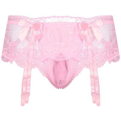 QinCiao Sissy Pouch Panties Men's Skirted Mooning Bikini Briefs Girly Underwear with Garter Pink One Size