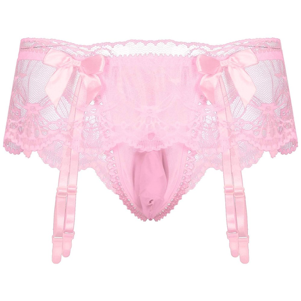 QinCiao Sissy Pouch Panties Men's Skirted Mooning Bikini Briefs Girly Underwear with Garter Pink One Size