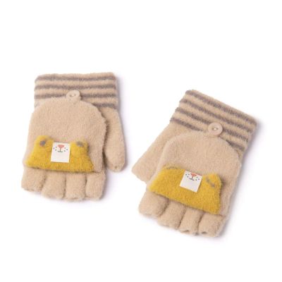 Children's Half-Finger Gloves Autumn, Winter and Winter Cartoon Cute Woolen Yarn 3-6 Years Old Men and Women Baby Kindergarten Children Flip Half Finger (Color : Khaki)