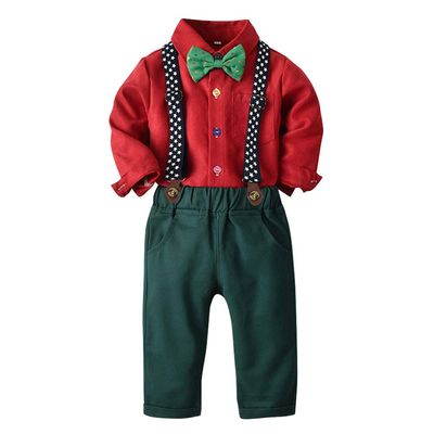 IDOPIP Toddler Dress Suit Baby Boys Clothes Sets Bowtie Shirts + Suspenders Pants 3pcs Gentleman Outfits Suits Red + Dark Green 18-24 Months