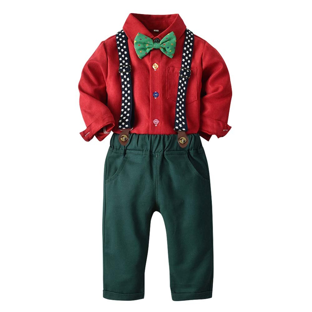 IDOPIP Toddler Dress Suit Baby Boys Clothes Sets Bowtie Shirts + Suspenders Pants 3pcs Gentleman Outfits Suits Red + Dark Green 18-24 Months