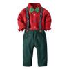 IDOPIP Toddler Dress Suit Baby Boys Clothes Sets Bowtie Shirts + Suspenders Pants 3pcs Gentleman Outfits Suits Red + Dark Green 18-24 Months view 1