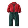 IDOPIP Toddler Dress Suit Baby Boys Clothes Sets Bowtie Shirts + Suspenders Pants 3pcs Gentleman Outfits Suits Red + Dark Green 18-24 Months view 2