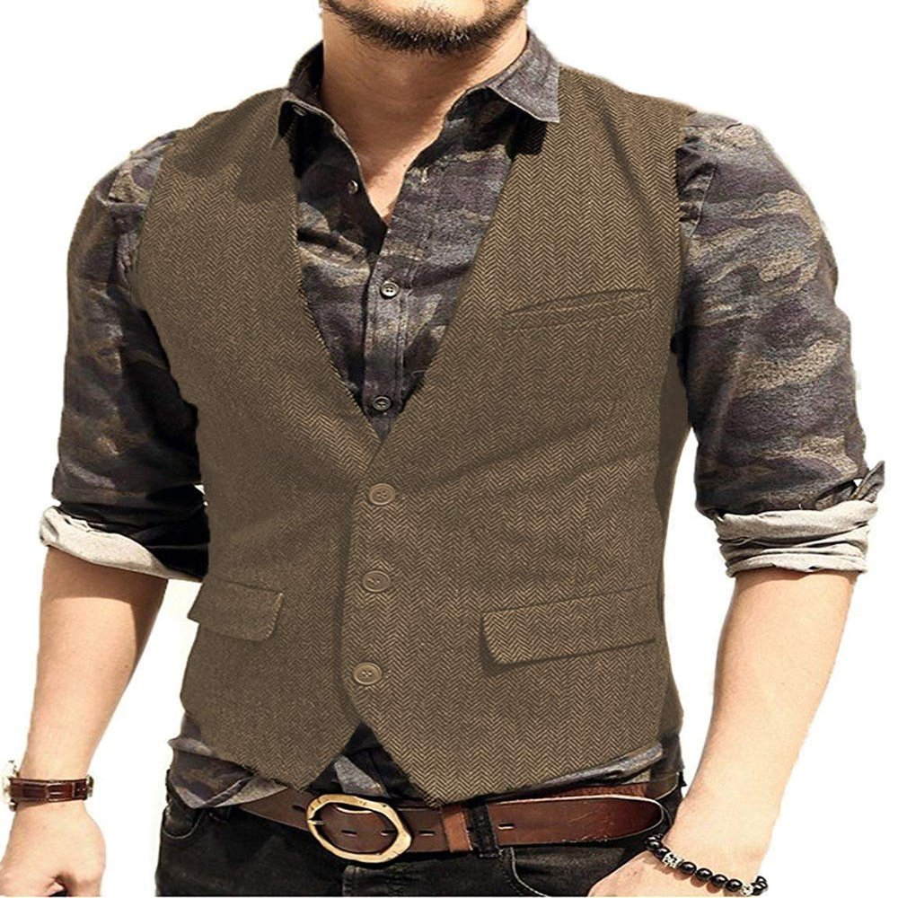 MLAEKT Men Suits Vest Slim Fit Waistcoat Casual Tweed Bridegroom Jacket Sleeveless for Wedding (M,Brown)