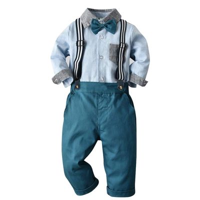 Baby Boy Clothes Set Autumn Shirt + Bowtie + Suspender Pants Set 3pcs Toddler Kids Boys Infant Gentleman Birthday Outfits Suit Set Blue 2-3 Years