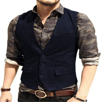 MLAEKT Men Suits Vest Slim Fit Waistcoat Casual Tweed Bridegroom Jacket Sleeveless for Wedding (XL,Navy Blue)