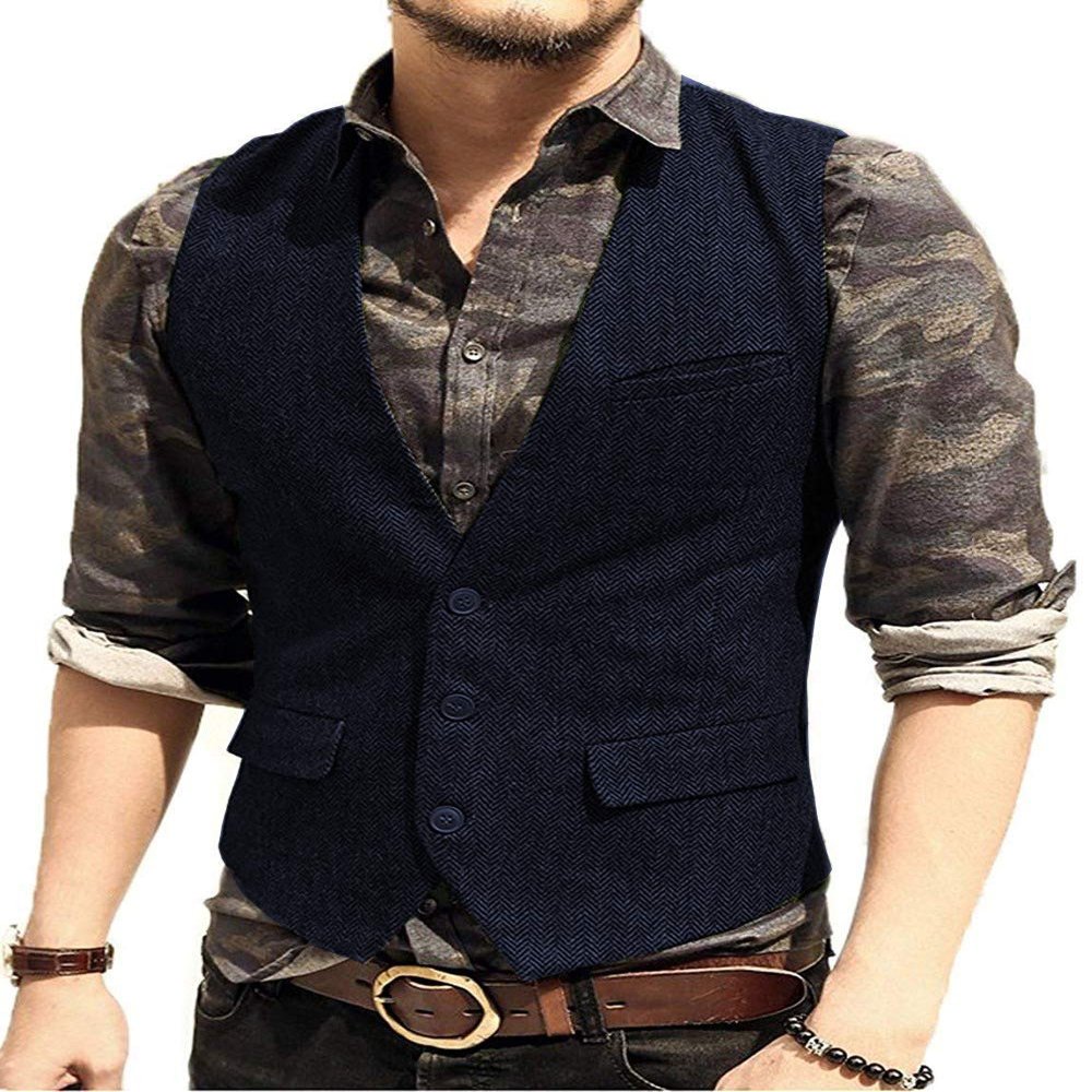 MLAEKT Men Suits Vest Slim Fit Waistcoat Casual Tweed Bridegroom Jacket Sleeveless for Wedding (XL,Navy Blue)