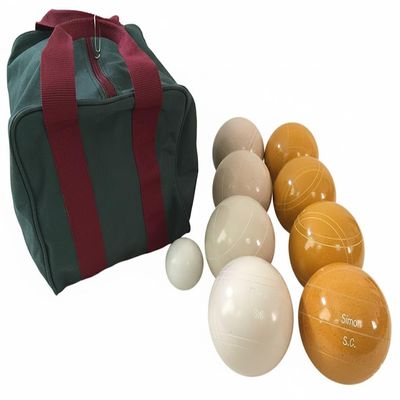 BuyBocceBalls Listing - Made in USA, Premium Quality Engraved Tournament Bocce Set, 998 Grams (2 lbs. 3.2 oz.). Various Bag Colors - 110mm Gold and White Balls, Nylon Bag