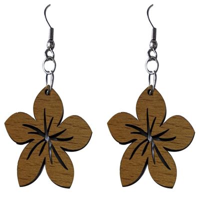 40mm Natural Wood Carved Hawaiian Flower Plumeria Dangle Dangling Hypoallergenic Surgical Steel Hook Earrings