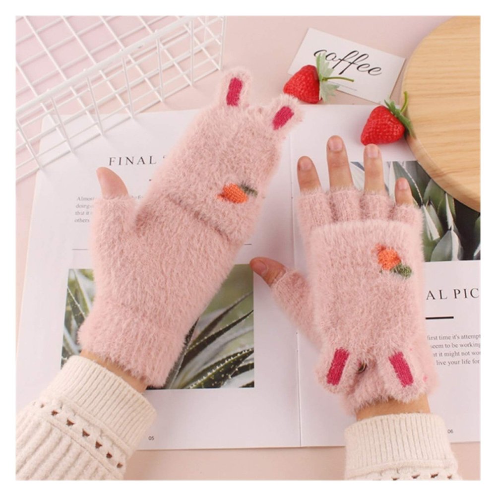 JBIVWW Gloves Winter Kids Boys Girls Knit Plush Flip Fingerless Cute Anime Cartoon Cold Embroidery Children Child (Color : L Pink, Gloves Size : One Size)