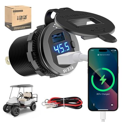 10L0L Golf Cart Quick Charge 3.1 Dual USB Charger,2 in 1 USB Ports & LED Display Voltage Meter Universal for Club Car,EZGO and Yamaha,Metal Shell Safe Charging Socket 9V-48V Wide Voltage Input