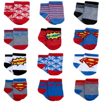 DC Comics Baby Boys and Girls Socks - 12 Pack Batman, Wonder Woman, Superman, Justice League, Super Girl Socks (0-24M), Size Age 12-24M, Super Girl, Superman