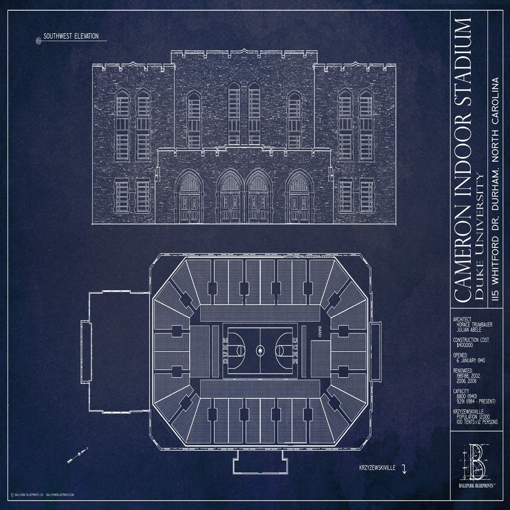 Ballpark Blueprints Cameron Indoor Stadium Blueprint-Style Print