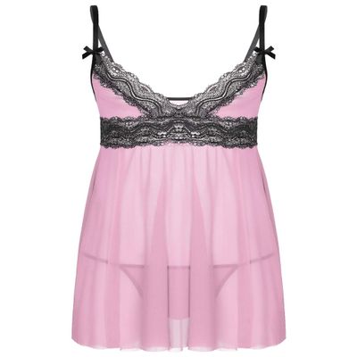 ACSUSS Mens Sissy Sheer Mesh Lingerie Deep V Neck Lace Trim Chemise Babydoll Sleepwear Pink X-Large