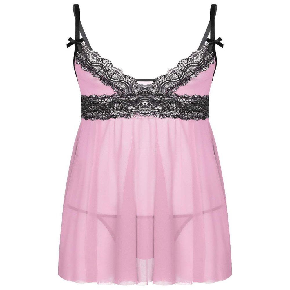 ACSUSS Mens Sissy Sheer Mesh Lingerie Deep V Neck Lace Trim Chemise Babydoll Sleepwear Pink X-Large