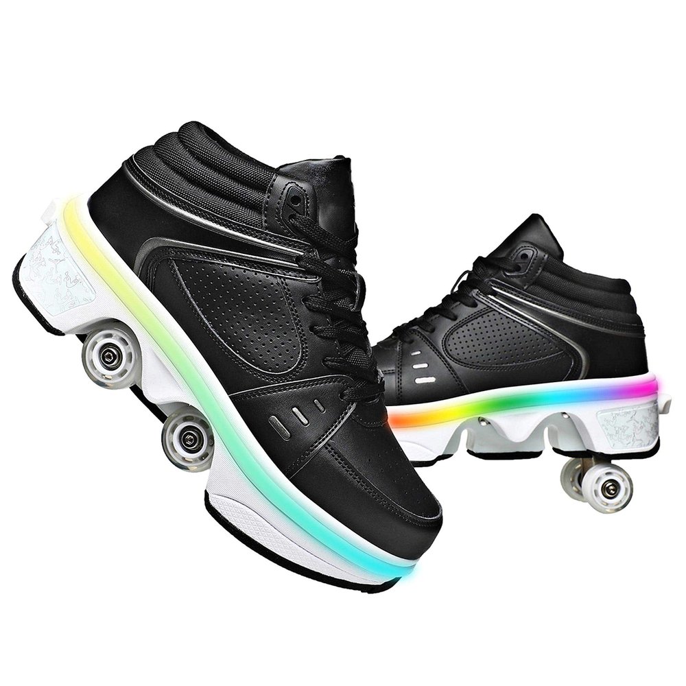 Wedsf Automatic Walking Shoes Invisible Roller Skate 2 in 1 Removable Pulley Skates Skating Double-Row Deform Wheel Deformation (Black with Light, US 6)