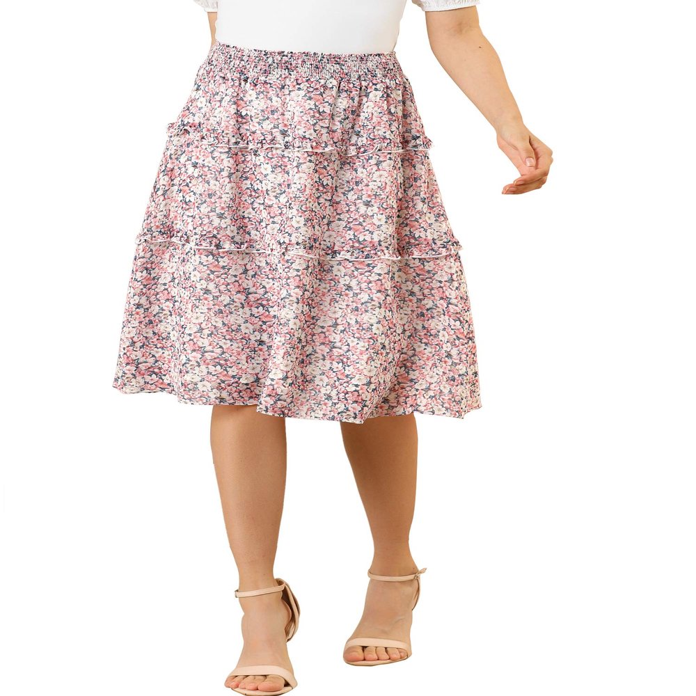 Allegra K Women's Floral Skirts Spring Smocked Elastic Waist A-Line Below Knee Length Ruffle Tiered Skirt X-Large Pink