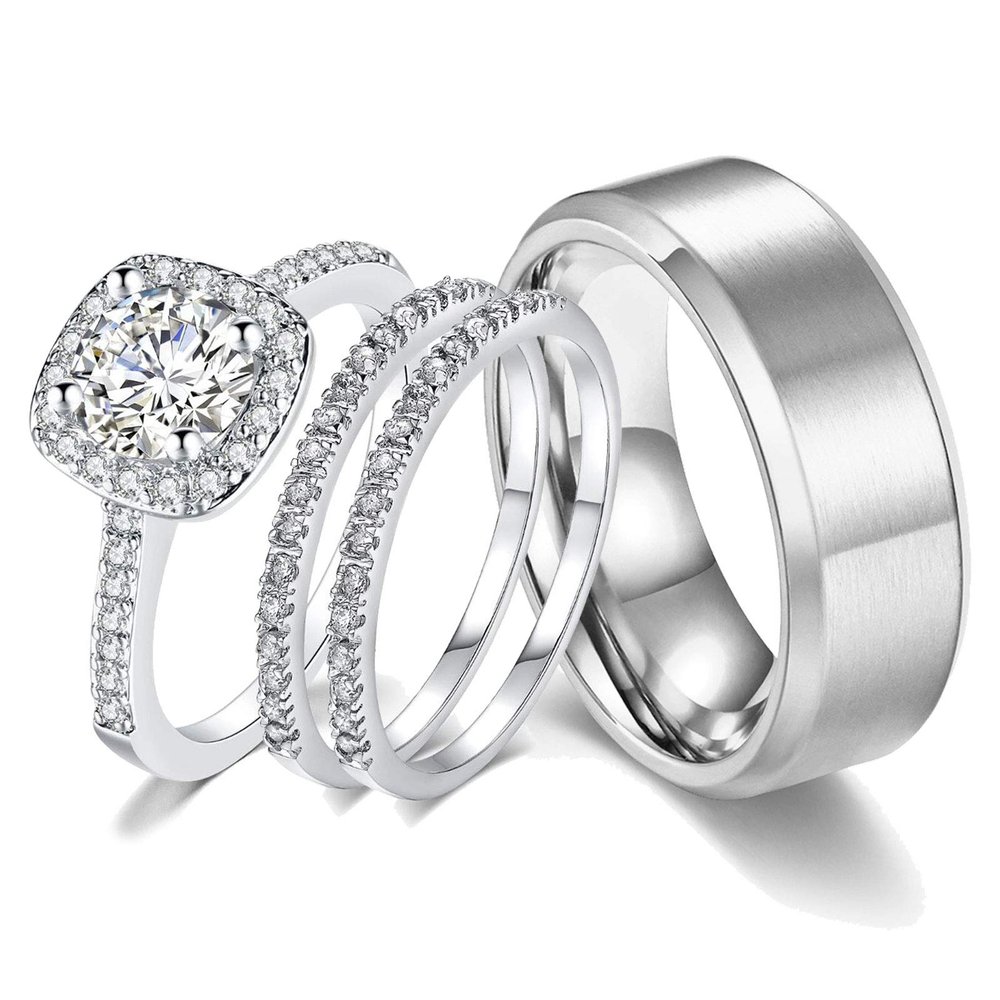 18k White Gold Plated Wedding Ring Sets for Him and Her Women Men Titanium Stainless Steel Bands 2Ct Cz Couple Rings Size 12&9
