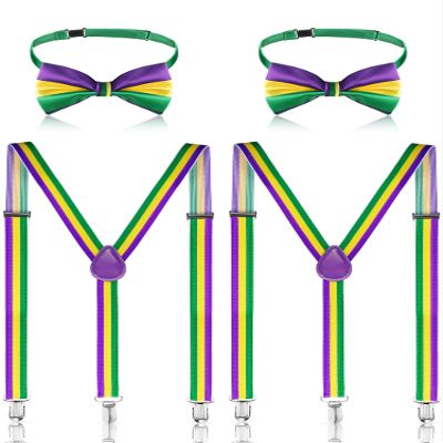 Syhood 4 Pcs Mardi Gras Suspenders and Bowtie Set Adjustable Elastic Y Back Suspender Shoulder Straps Mardi Gras Costume for Men