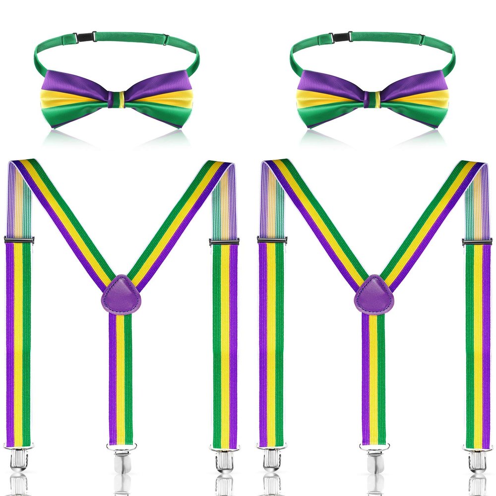 Syhood 4 Pcs Mardi Gras Suspenders and Bowtie Set Adjustable Elastic Y Back Suspender Shoulder Straps Mardi Gras Costume for Men
