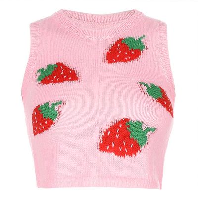 Yccutest Women Sweater Vest Stylish Vintage Knitwear V Neck Sleeveless Knitted Pullovers Tank Top Sweaters (Pink&Strawberry,M)