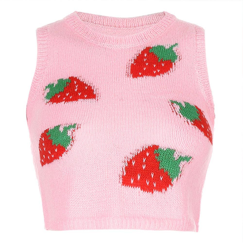 Yccutest Women Sweater Vest Stylish Vintage Knitwear V Neck Sleeveless Knitted Pullovers Tank Top Sweaters (Pink&Strawberry,M)