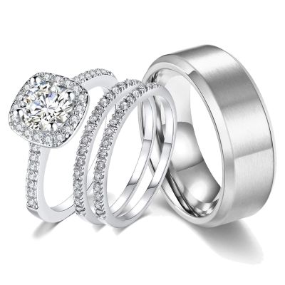 18k White Gold Plated Wedding Ring Sets for Him and Her Women Men Titanium Stainless Steel Bands 2Ct Cz Couple Rings Size 9&7