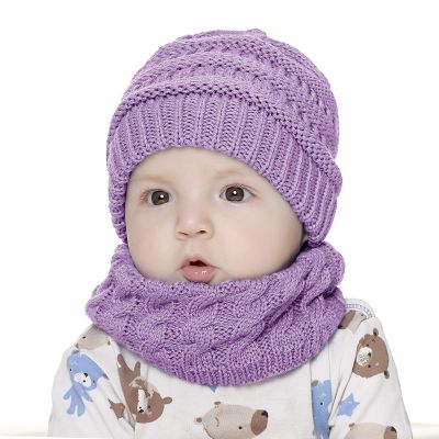 Baby Kids Warm Winter Hats Cute Thick Earflap Hood Hat Scarves Skull Caps Hooded Cowl Neck Warmer Beanie with Ears (Purple)