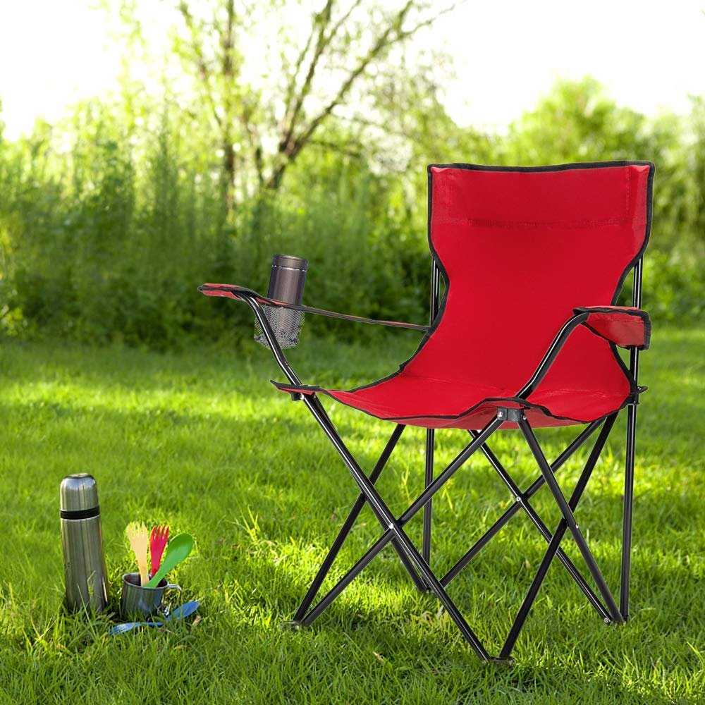 Long & Bright Small Camp Chair Portable Folding Outdoor Metal Pipe Chair for Relaxation Heavy Duty Support 230 LBS (Red)
