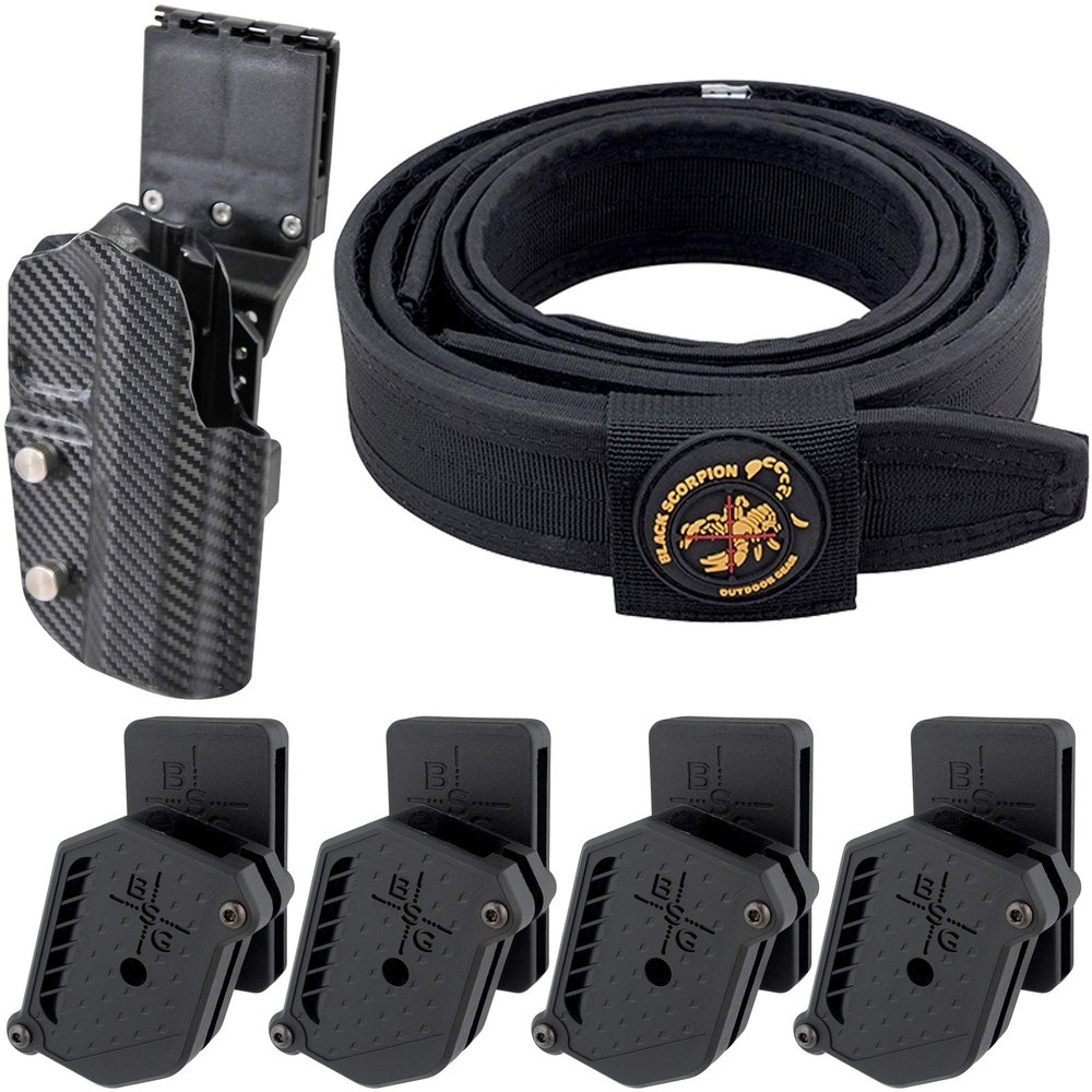 Black Scorpion Gear Competition Rig fits 1911 5'' w/o Rail | 1 Pro HD Belt, 1x Pro Comp Holster (CF), 4X Single Stack Mag Pouches IPSC USPSA Approved (Large (34''-36''))