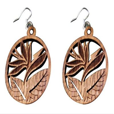 40mm Natural Wood Carved Circular Round Circle W/Birds Of Paradise Hawaii Tropical Flower Dangle Dangling Hypoallergenic Surgical Steel Hook Earrings