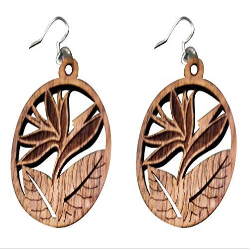 40mm Natural Wood Carved Circular Round Circle W/Birds Of Paradise Hawaii Tropical Flower Dangle Dangling Hypoallergenic Surgical Steel Hook Earrings