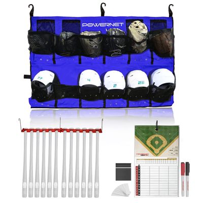 PowerNet On Deck Team Bundle, Dugout Organizer for Baseball & Softball, Team Equipment Organizer, Hanging Baseball Glove & Helmet Holder, Fence Bat Rack, Dry Erase Magnetic Lineup Board (Blue)