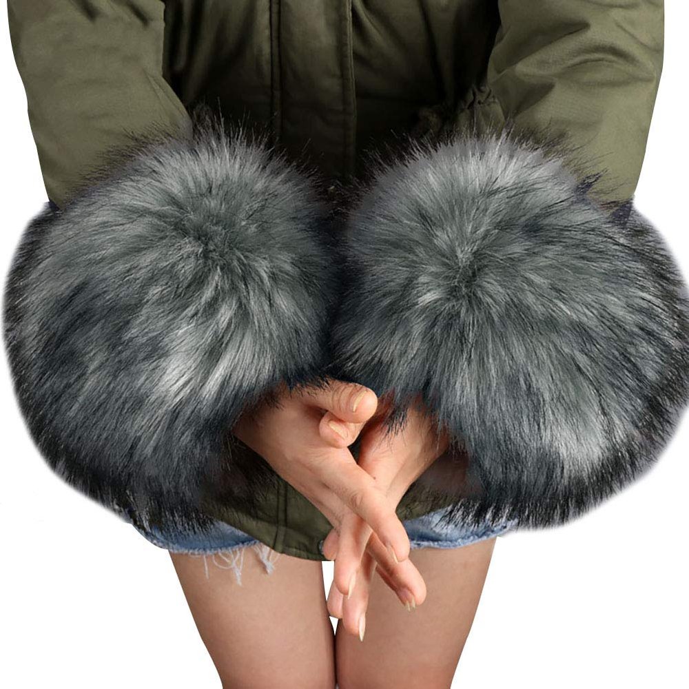 vannawong Women Faux Fur Sleeve Cuffs Cold Weather Arm Warmer Winter Wrist Band Fluffy Soft Elastic Soft Coat Costume Accessory Deep Grey