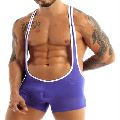 Oyolan Mens Soft Racer Back Bulge Pouch Wrestling Jockstrap Singlet Bodysuit One Piece Supender Jumpsuit Purple Large