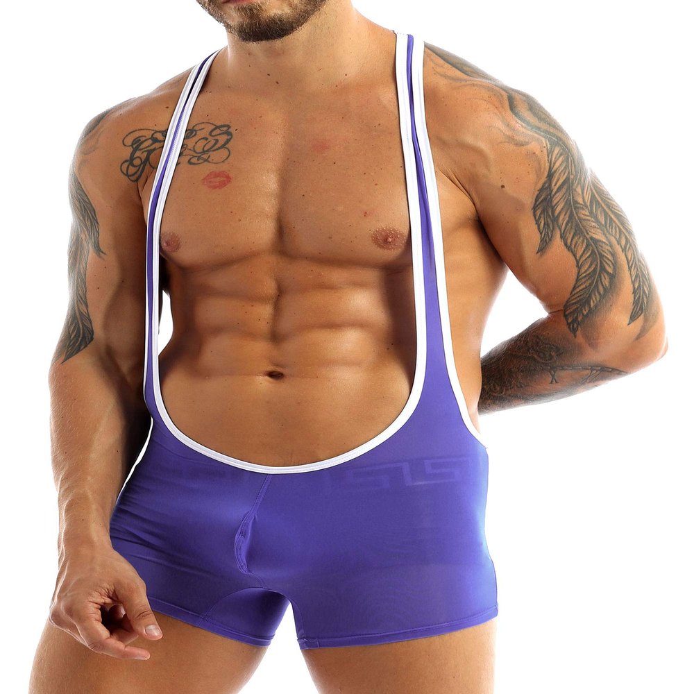 Oyolan Mens Soft Racer Back Bulge Pouch Wrestling Jockstrap Singlet Bodysuit One Piece Supender Jumpsuit Purple Large