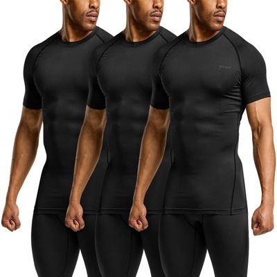TSLA Men's UPF 50+ Quick Dry Short Sleeve Compression Shirts, Athletic Workout Shirt, Water Sports Rash Guard, 3packs Black, X-Large