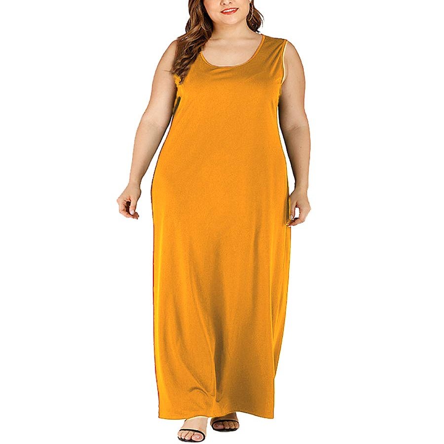 HEARTISIAN Women Plus Size Sleeveless Maxi Dress Sexy Scoop Collar Club Party Long Dresses(Yellow-5X)