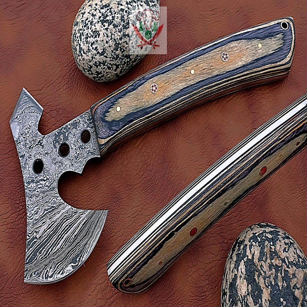 FB LEATHER CRAFTS Tactical Combat Custom Made Damascus Steel Hunting Axe/Throwing Hatchets Smart Axe FBA-0025 / Camping & Hiking/Compact Axe/heartwarming Gift (Cognac & Black Wood)