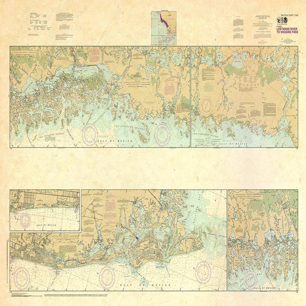 Paradise Cay Publications, Inc. Antiqued NOAA Chart 11430: Lostmans River to Wiggins Pass