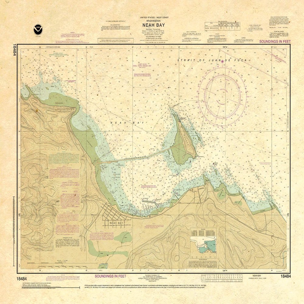 Paradise Cay Publications, Inc. Antiqued NOAA Chart 18484: Neah Bay