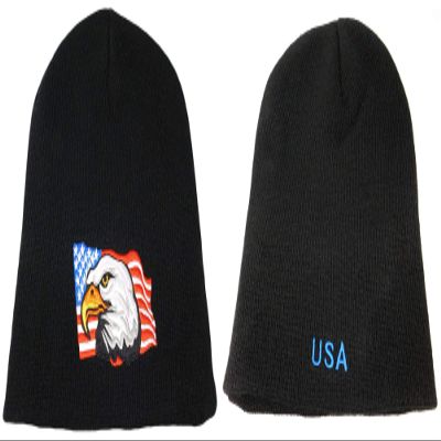 8" USA American Bald Eagle U.S.A. On Back Black Embroidered Beanie Skull Cap
