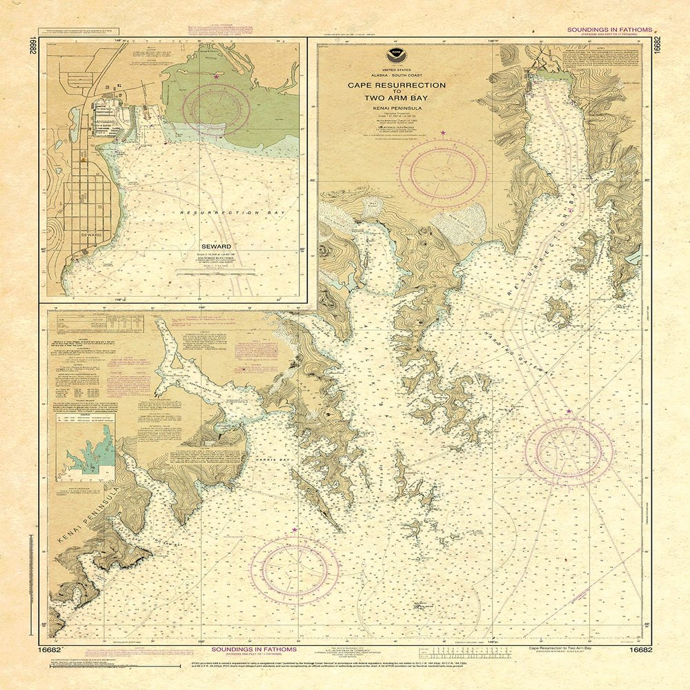Paradise Cay Publications, Inc. Antiqued NOAA Chart 16682: Cape Resurrection to Two Arm Bay; Seward