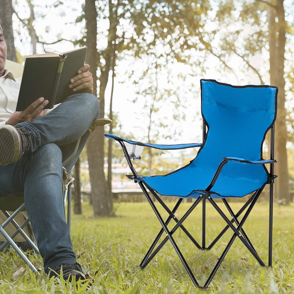 Long & Bright Small Camp Chair Portable Folding Outdoor Metal Pipe Chair for Relaxation Heavy Duty Support 230 LBS (Blue)