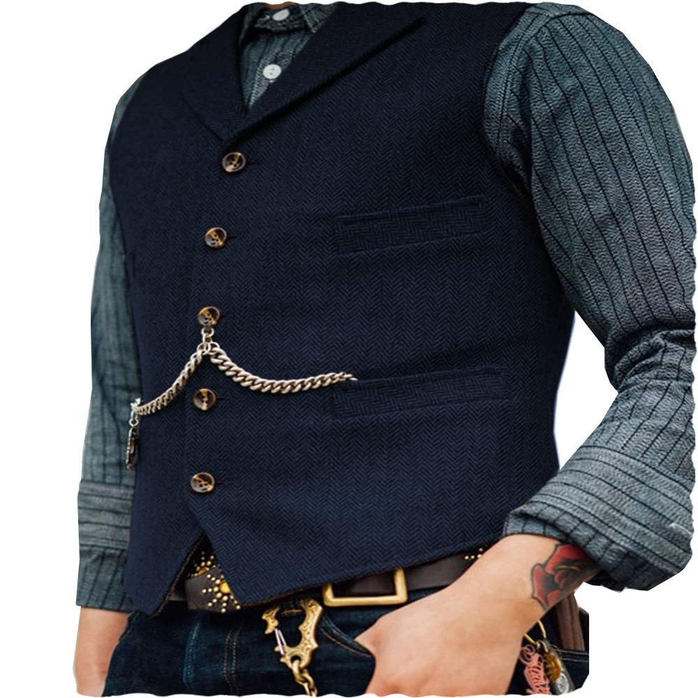 Ceehuteey Mens Classic Wool Tweed Suit Vest Casual Sleeveless Jacket Herringbone Waistcoat for Tuxedos(Navy,XX-Large)